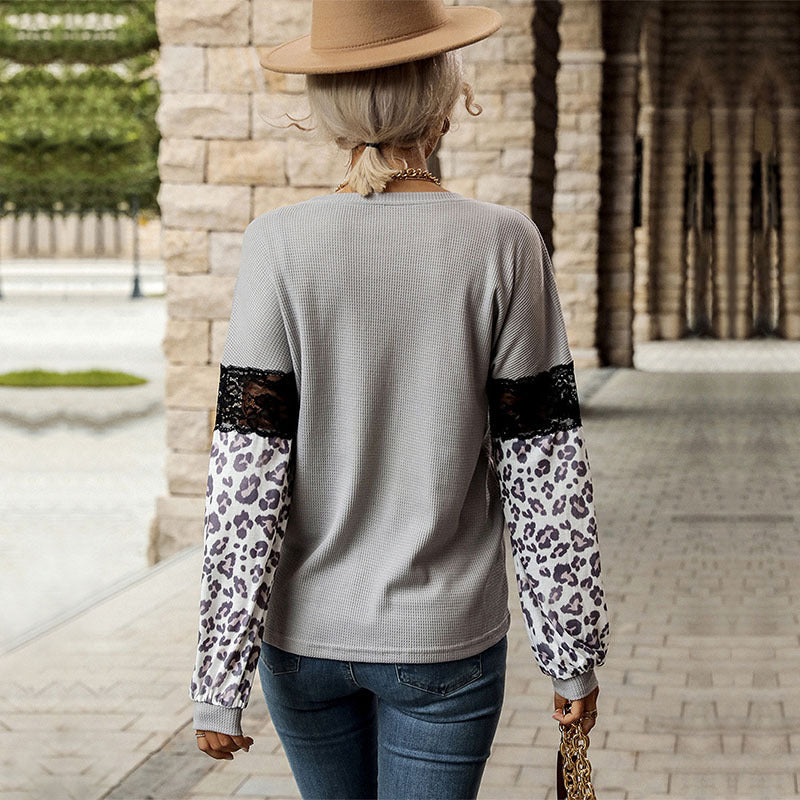 Autumn Winter Stitching Top Women Leopard Print Long Sleeve Contrast Color Knitwear
