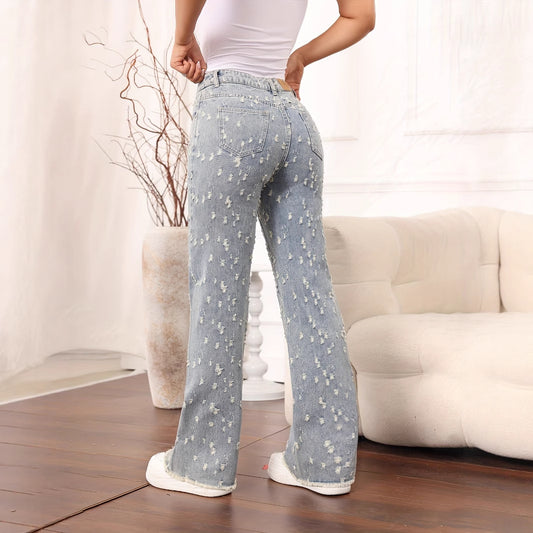 Personalized Worn Design Jeans Women Medium High Waist Elastic Waist Ripped Retro Baggy Straight Trousers