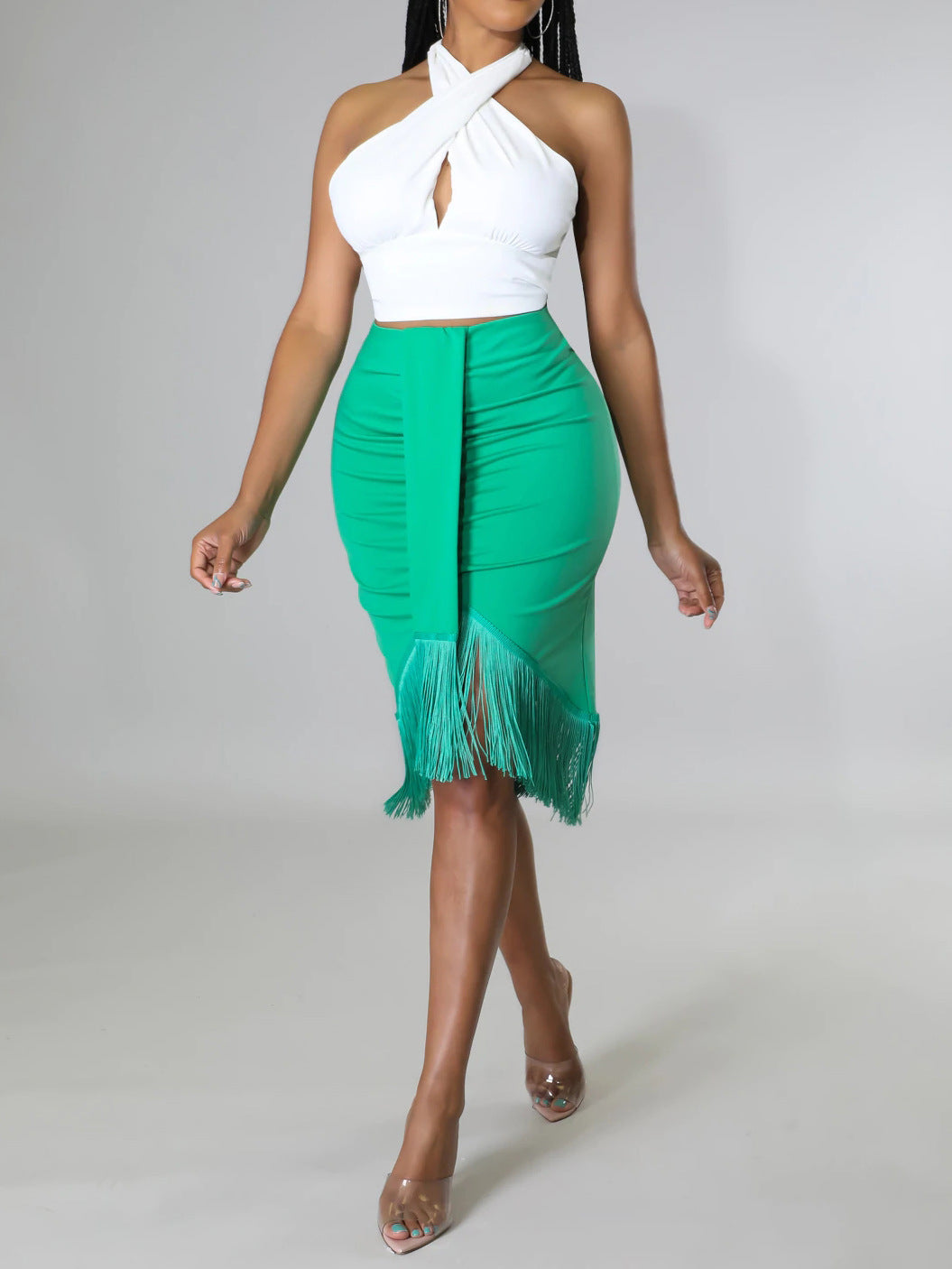 Women Halter Short Top Sheath Tassel Skirt Two Piece Set