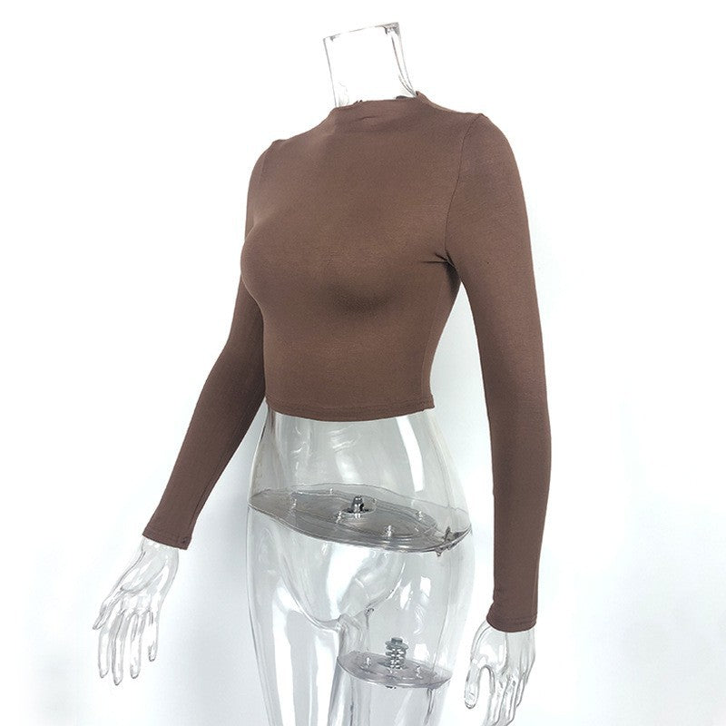 Winter Women Clothing Sexy Slim Fit Cropped Half Turtleneck Short Long Sleeve Top