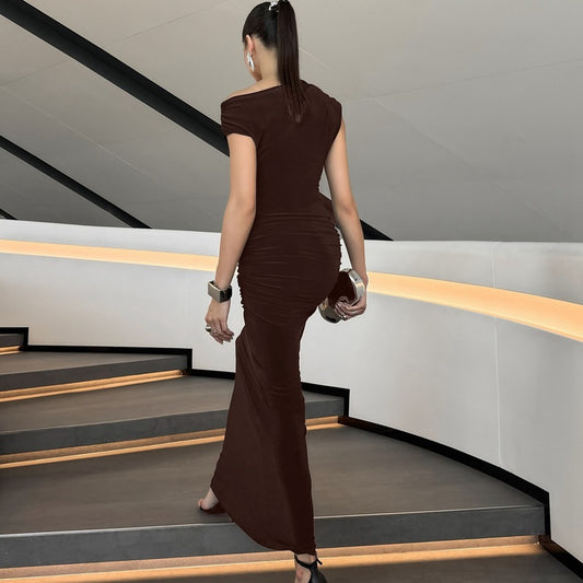 Women Clothing Summer Pleated Waist Tight Slimming Shoulder Hollow Out Cutout Sexy Solid Color Dress