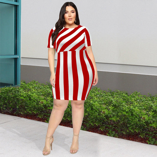 Plus Size Women Dress Summer Women Short-Sleeved round Neck Pullover Midi Dress Striped Dress