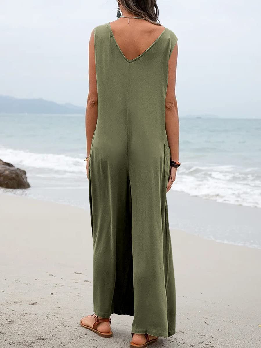 Summer Popular Solid Color Stickers Bags Jumpsuit V neck Suspender Pants Wide Leg Trousers for Women