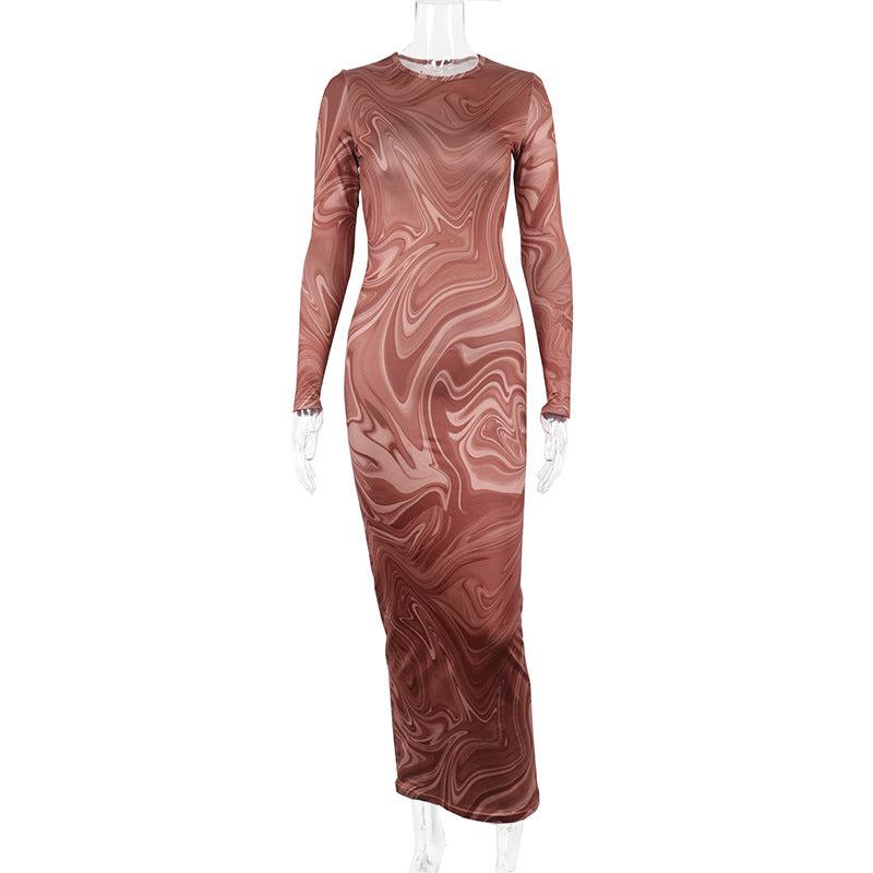 Women Clothing Autumn Winter Print round Neck Long Sleeve Slim Mid Length Dress