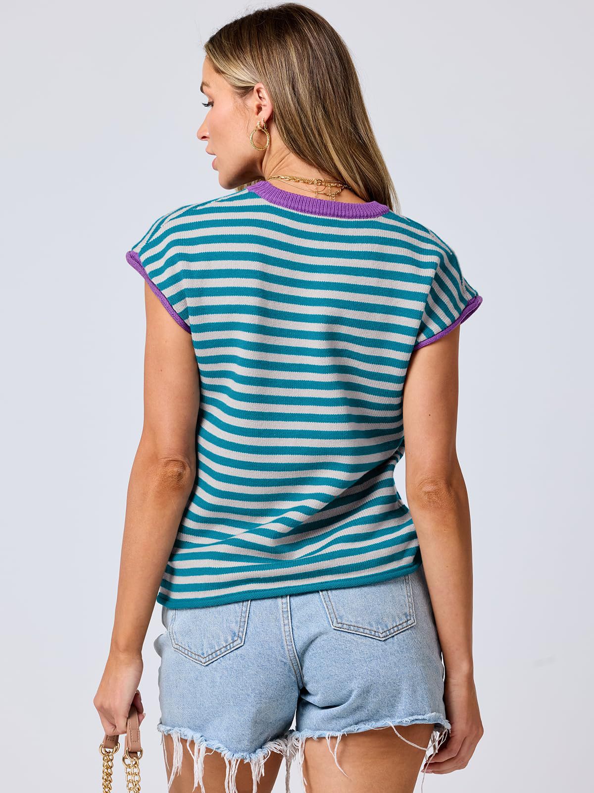 Women Clothing Summer round Neck Knitted Top Casual Striped Contrast Color Sweater