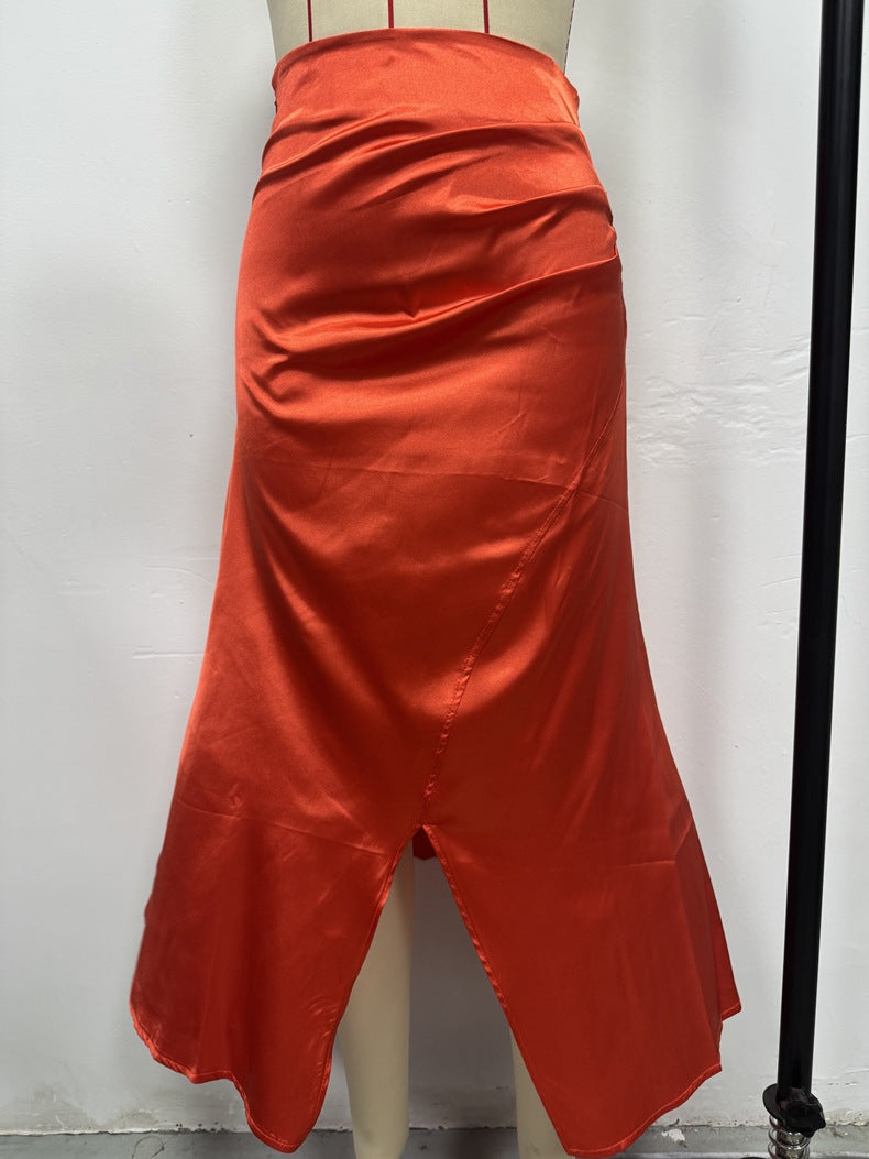Women Clothing High Waist Slit Satin Long Skirt Pleated Skirt Zipper Fishtail Hip Skirt