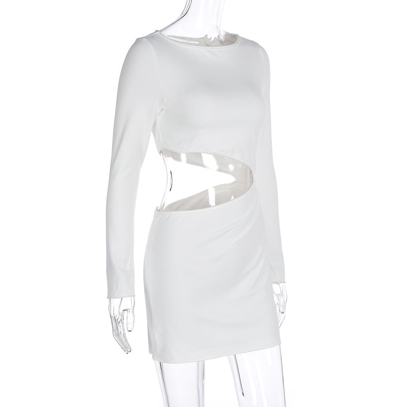 Women Clothing Autumn Winter Sexy Hollow Out Cutout Cropped round Neck Slim Sheath Dress