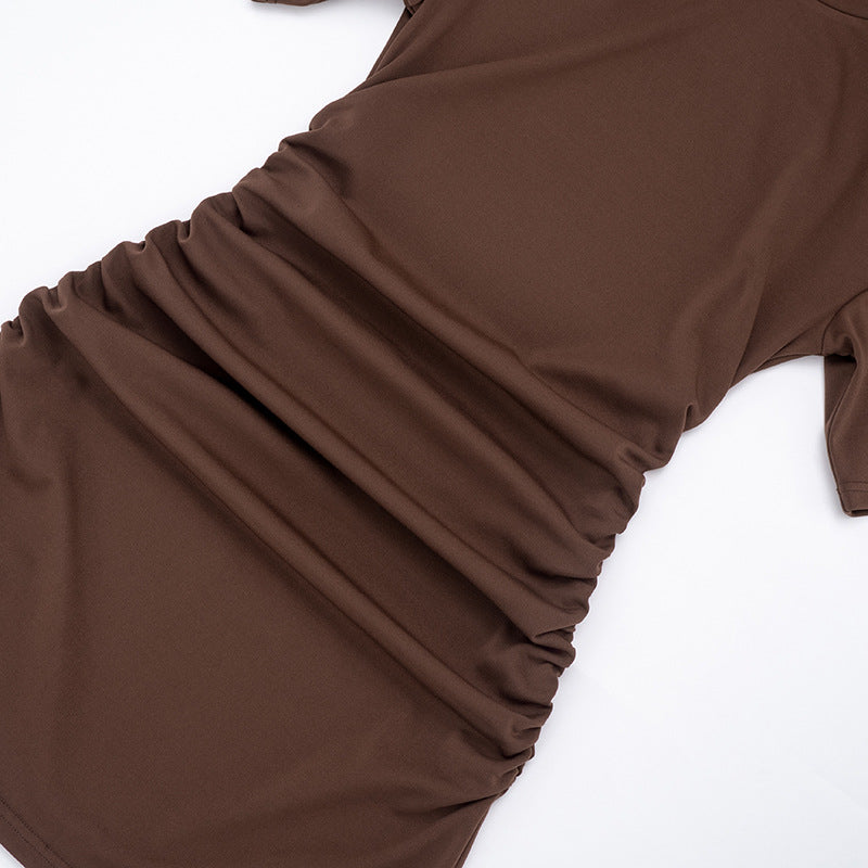 Women Clothing Spring Summer Solid Color round Neck Waist Sheath Pleated Dress