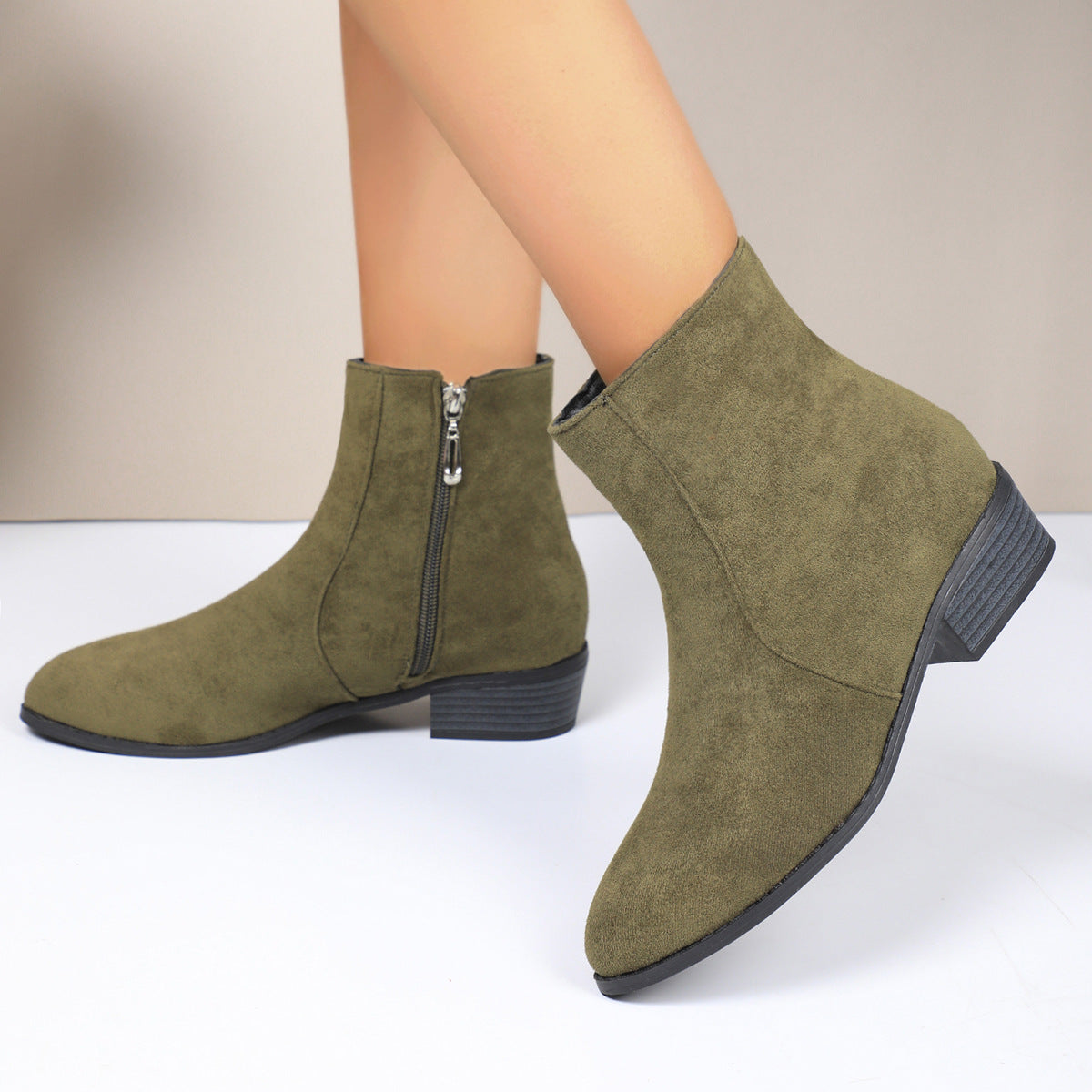 Suede Short Martin Boots Women Thick Heel with British Side Thin Coat with Zip Ankle Boots
