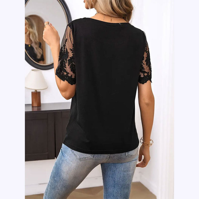 Women Clothing Summer Elegant Knitted Patchwork round Neck T shirt Loose Mesh Patchwork Top