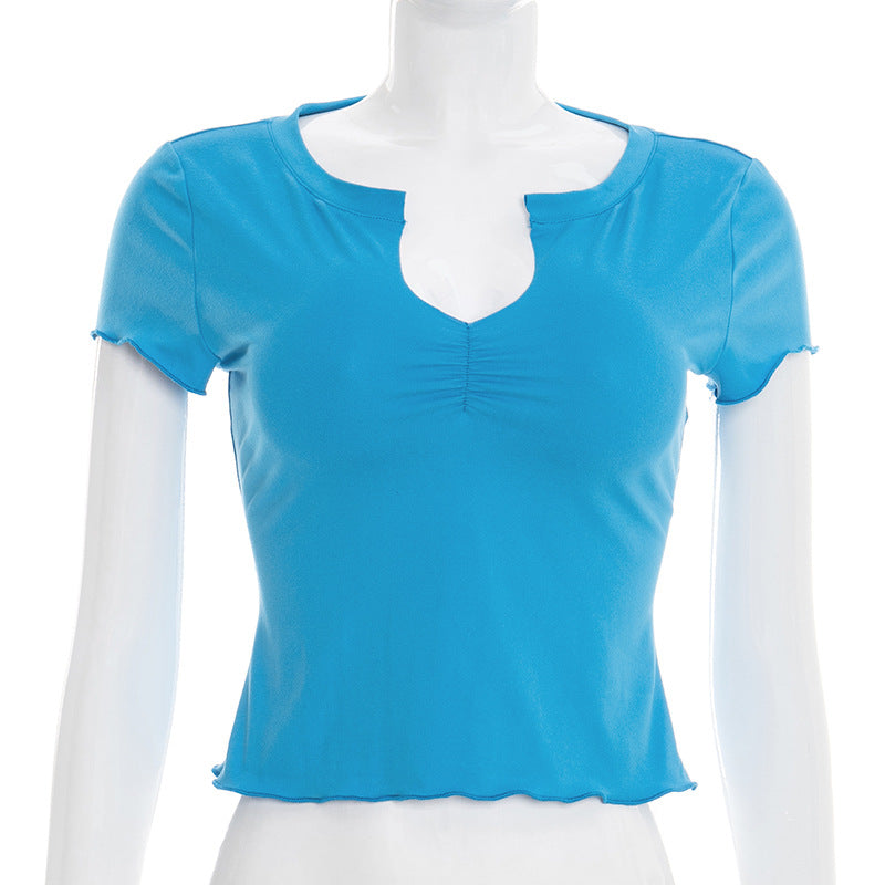 Women Clothing Sexy Solid Color V neck Slim Fit Cropped Short Sleeved Top T shirt