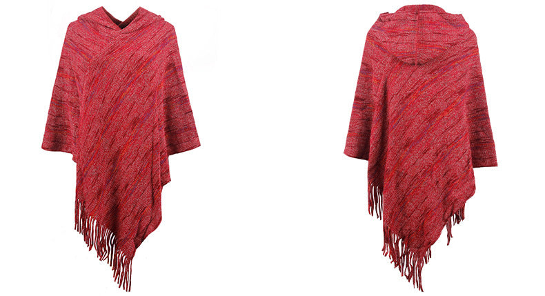 Hooded Striped Tassel Cape Shawl Women Autumn Winter Women Outer Scarf