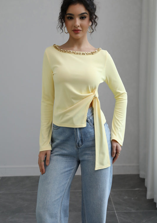 Women Clothing Autumn Sequ Slim Fit Slimming Lace up Irregular Asymmetric Top Casual T shirt
