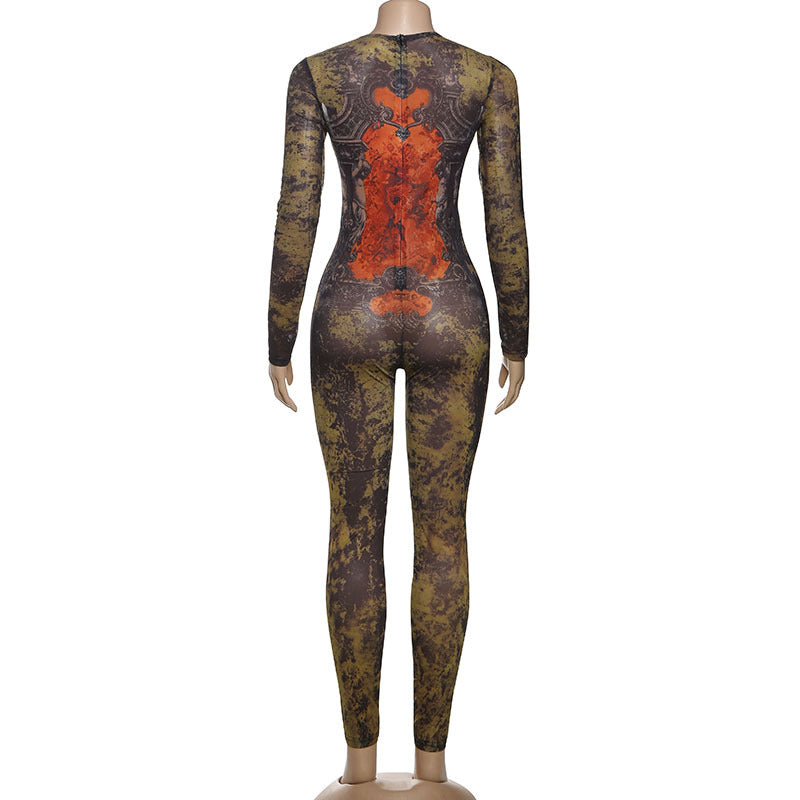 Summer Women Clothing Printed Sexy Mesh High Waist Slim Fit Zipper Long Sleeve Jumpsuit