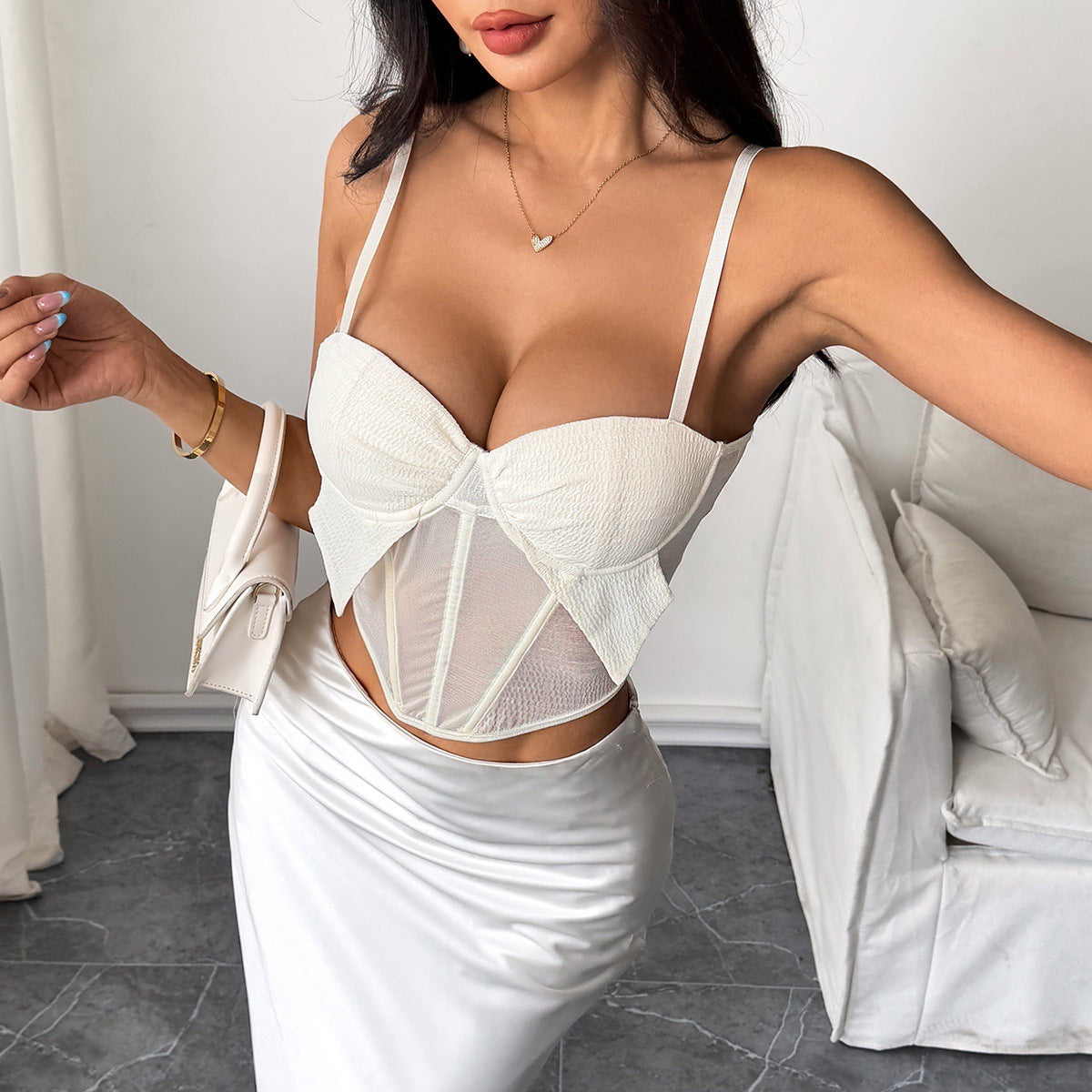 See through Mesh Patchwork Sexy Suspenders Sexy Diamond Boning Corset Vest Women