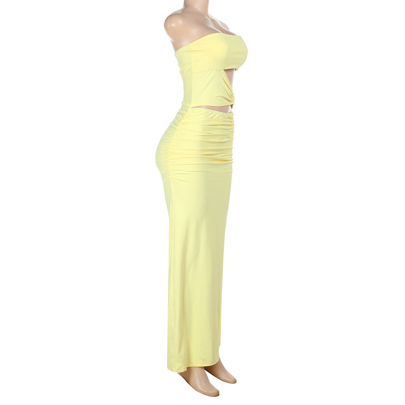 Tube Top Sexy Hollow Out Cutout Split Yellow Dress Women Vacation Sexy Slim Fit Maxi Dress