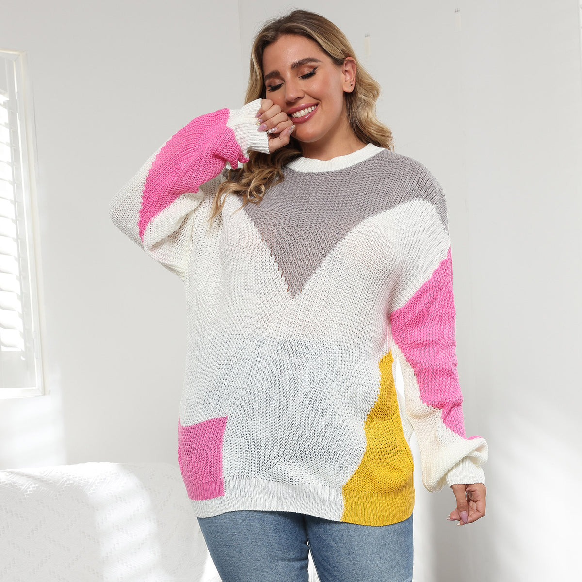 Plus Size Women Clothes Color Contrast Patchwork Loose Casual Pullover Sweater