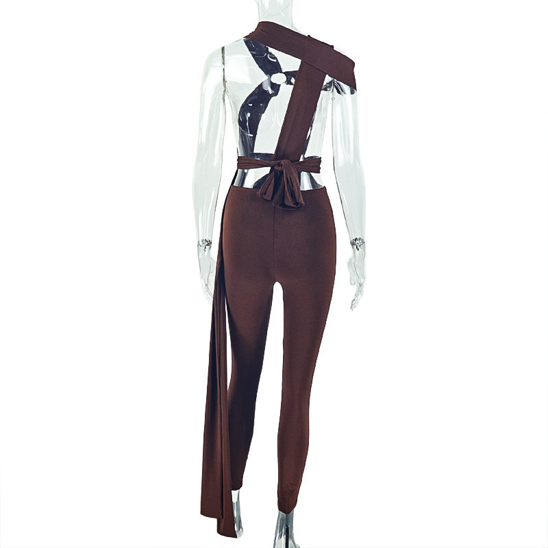 Sexy Women Streetwear Lace up Cutout Metal Ring Jumpsuit Solid Color Skinny Pants Long Jumpsuit