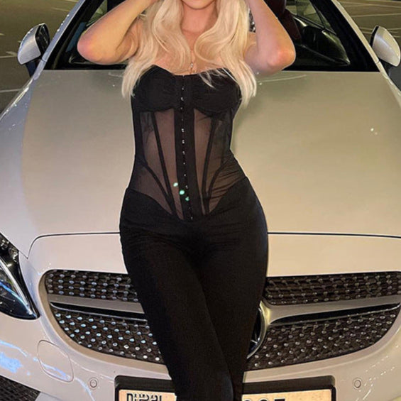 Spring Women Clothes Suspenders Sexy Low Cut See Through Slim Slimming Jumpsuit
