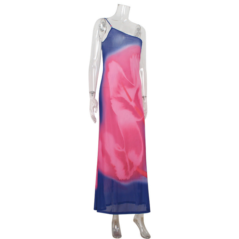 Women Clothing Elegant Diagonal Collar Sling Bare Back Printed Dress Slim Fit Slit Dress