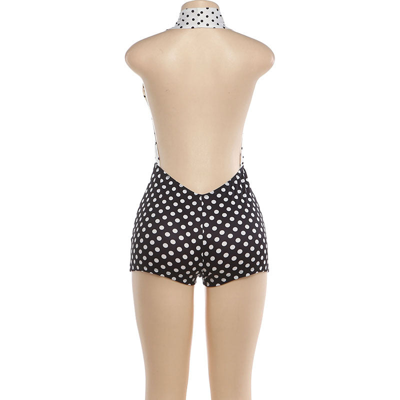 Winter Women Clothing Color Contrast Polka Dot Printed Sexy Halter Backless Jumpsuit