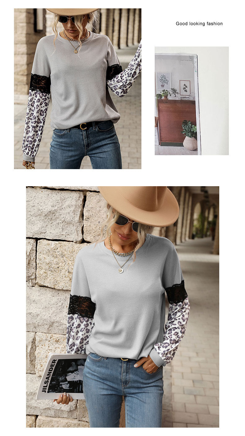 Autumn Winter Stitching Top Women Leopard Print Long Sleeve Contrast Color Knitwear