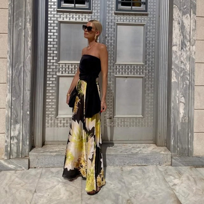 Women Summer Sexy Bandeau Top Printing Big Hem Skirt Set