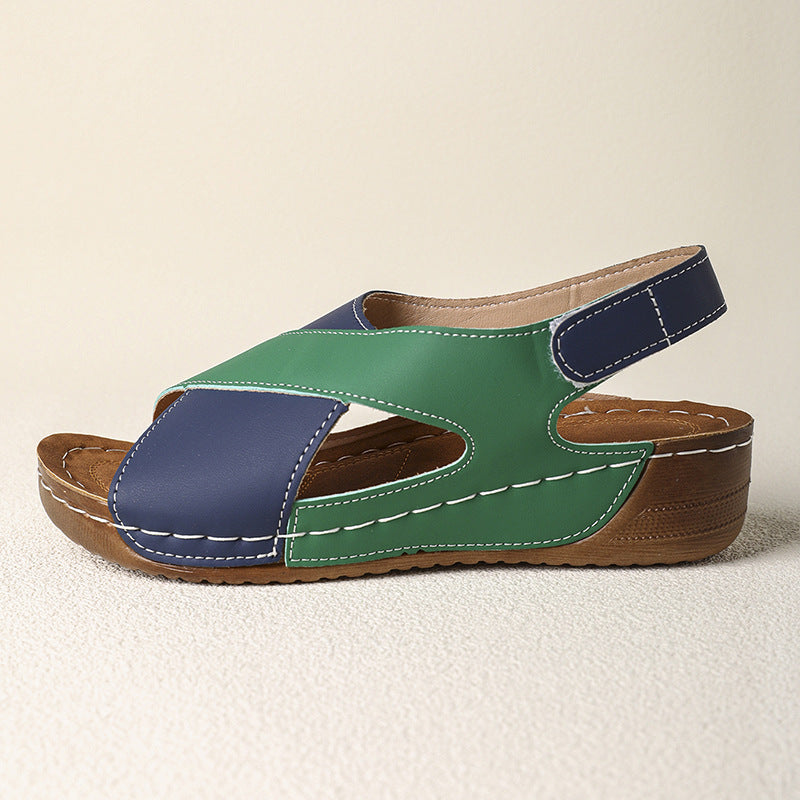 Platform Cross Wedge Sandals Women Outer Wear Contrast Color Breathable Velcro Beach Slippers