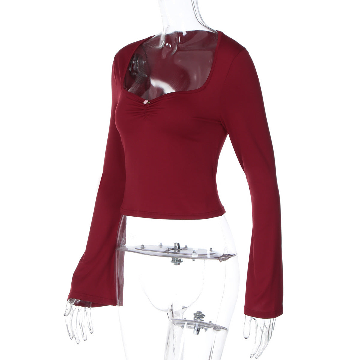Women Clothing Winter Solid Color Square Collar Long Sleeve Slim Fit Pullover Casual Top T shirt