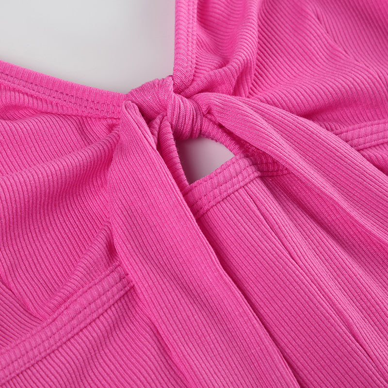 Summer Backless Drawstring Strap Sports Short Sleeved Jumpsuit Pleated Sexy Jumpsuit