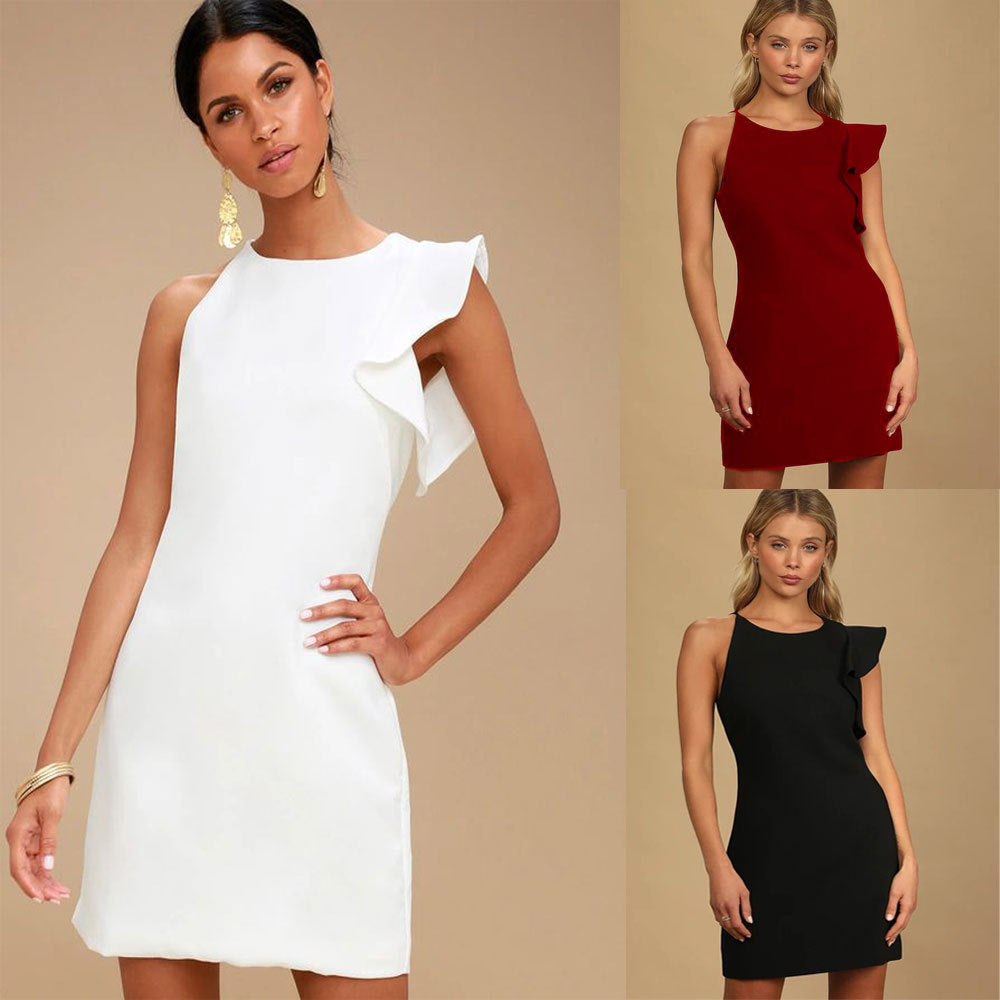 Women Clothing Nightclub Party Dress round Neck Solid Color Ruffles Single Sleeve Dress
