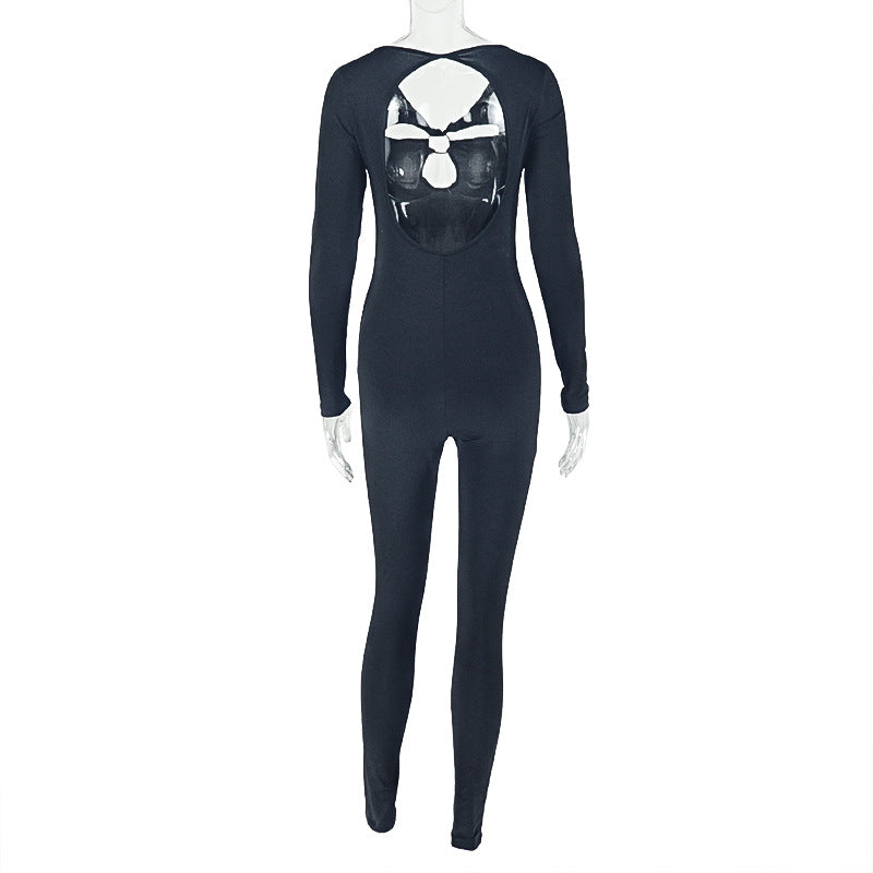 Women Wear Solid Color Hollow Out Cutout Metal Ring Jumpsuit Design Sports Sheath Tight Jumpsuit