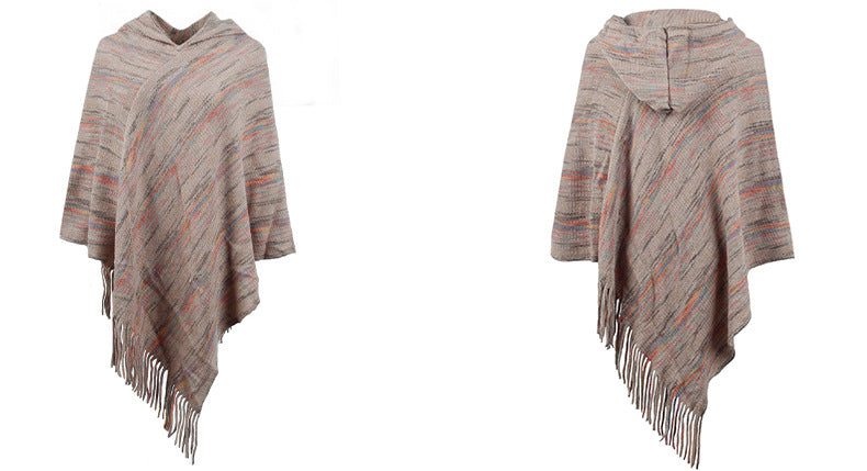 Hooded Striped Tassel Cape Shawl Women Autumn Winter Women Outer Scarf