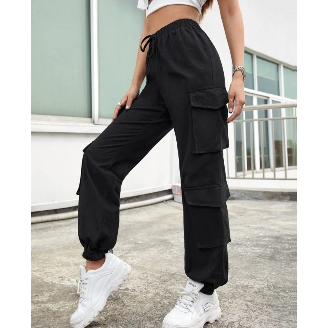 High Street Hip Hop Women Pants Trendy Trousers Multi Pocket Street Overalls Loose Straight Leg Ankle Banded Pants