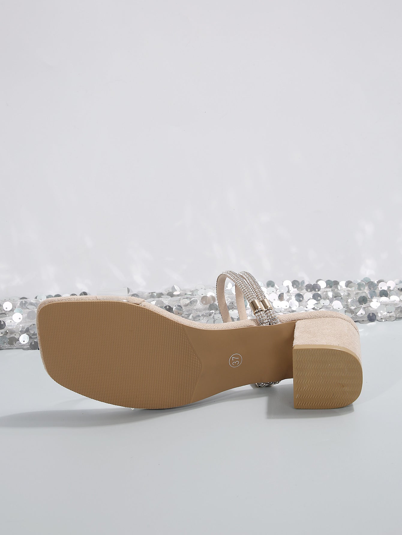Rhinestone Two Way Chunky Heel Sandals Women Square Toe Chunky Heel Slippers