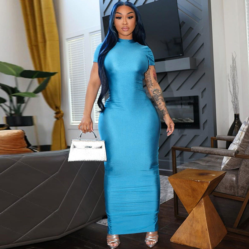 Women Clothing Hip Summer Solid Color Sexy Short Sleeve Split Dress