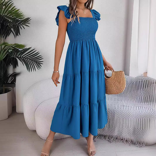 Summer Solid Color Square Collar Wooden Ear Waist A line Dress Women Clothing
