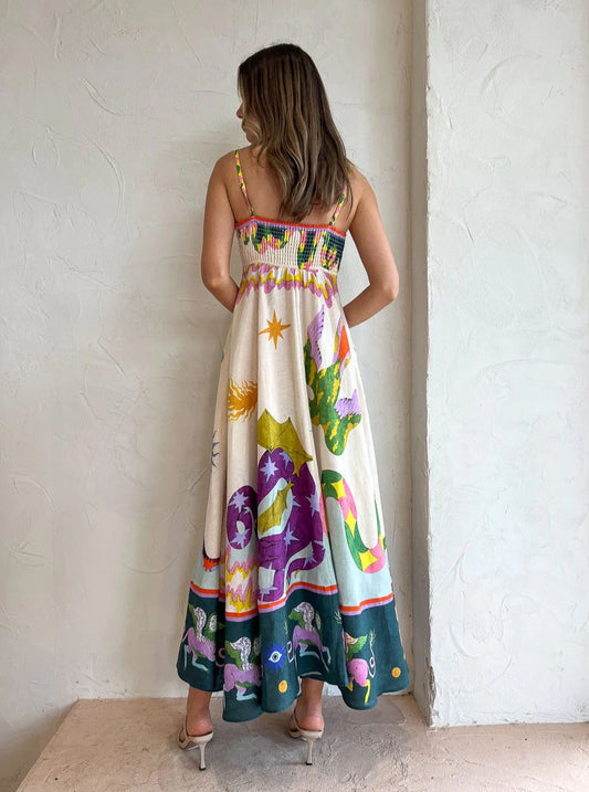 Dress Women Clothing Spaghetti Strap Floral Print Linen 9 Color Large Swing Dress