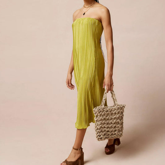 Solid Color Pleated Tube Top Backless Maxi Dress Summer Casual Loose Dress Women