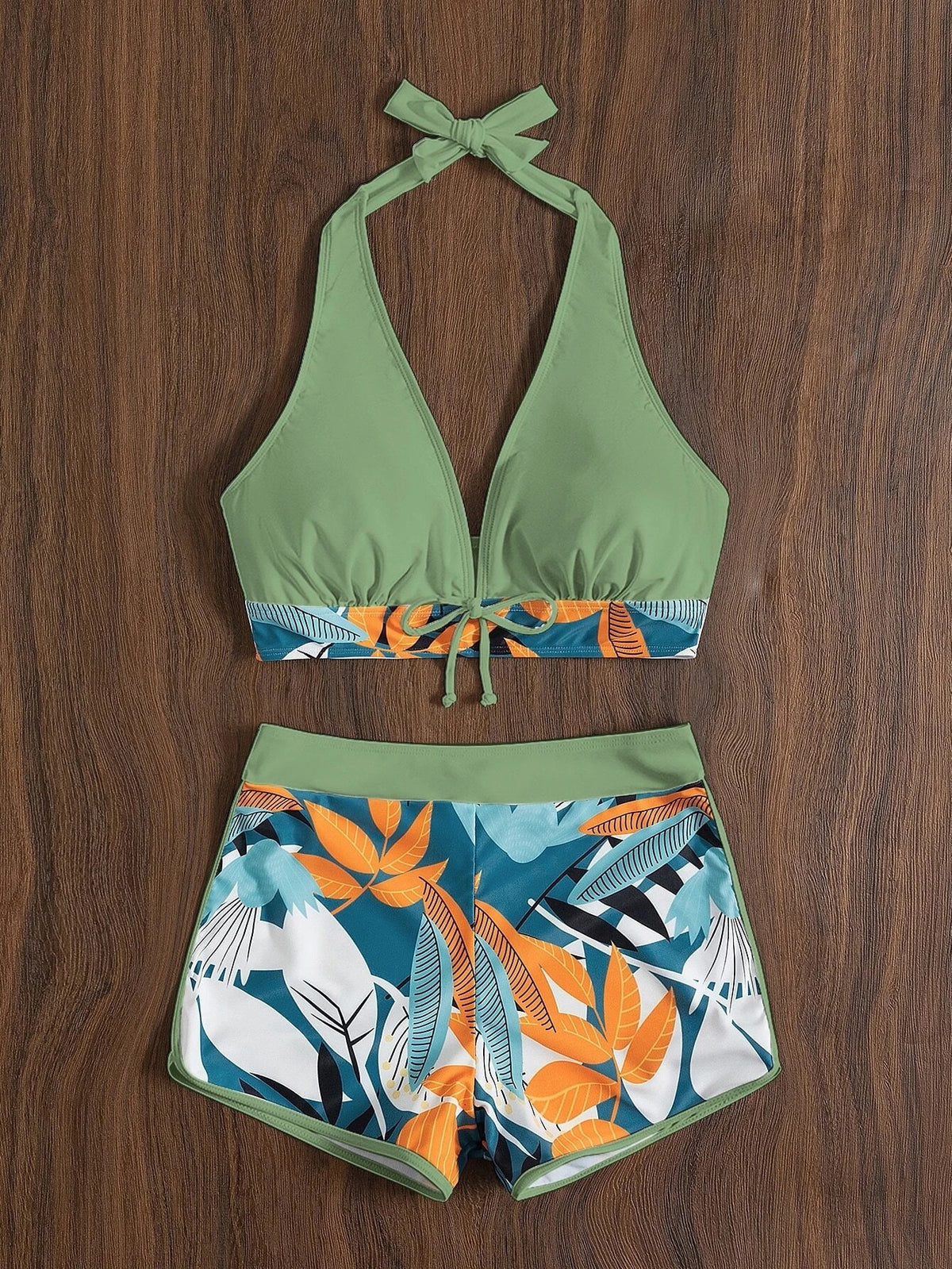 Swimsuit Women Split High Waist Boxer Lace Printing Solid Color Stitching Swimsuit
