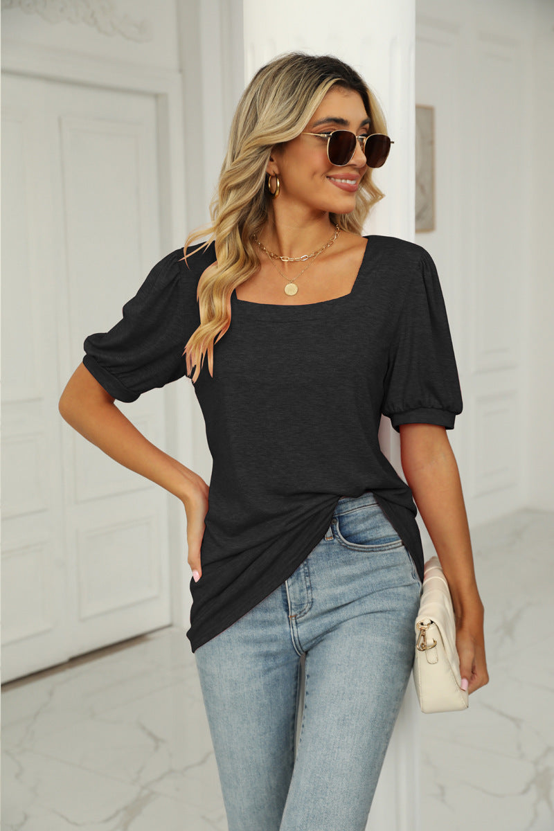 Spring Summer T shirt Solid Color Square Collar Pleated Short Sleeve Puff Sleeve Women