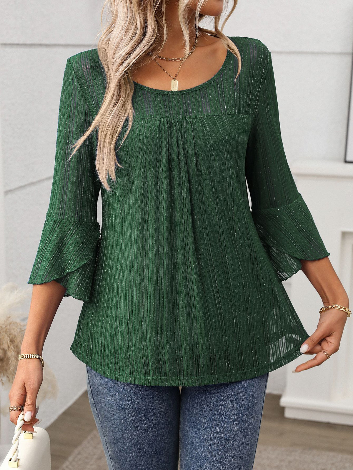 Women Clothing Elegant round Neck Ruffle Sleeve Shiny Mesh Top