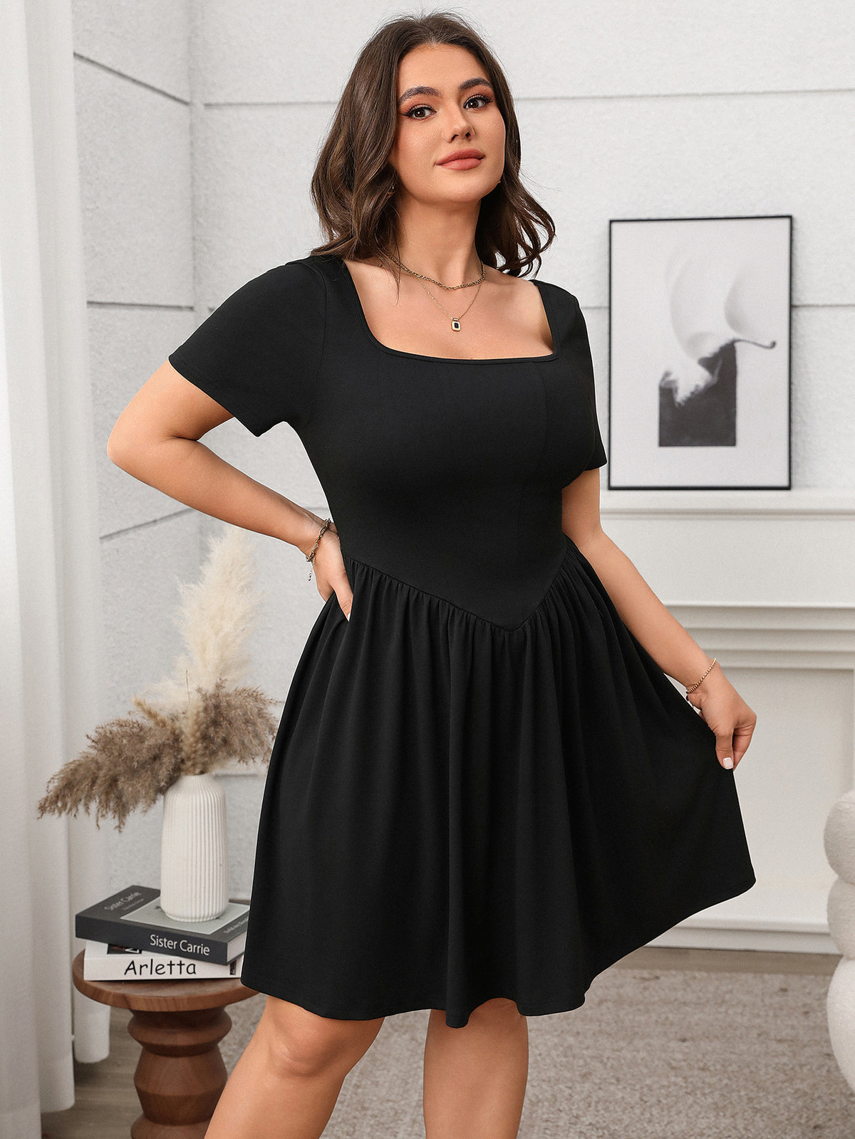 Plus Size Elegant Women Clothing Spring Summer Short Sleeve Square Collar Solid Color Slimming Dress