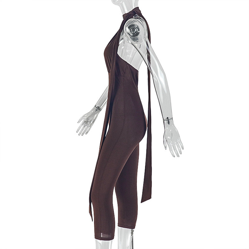 Women Clothing Skinny Sports Office Jumpsuit V neck Tied Slim Fit Solid Color Trendy Jumpsuit