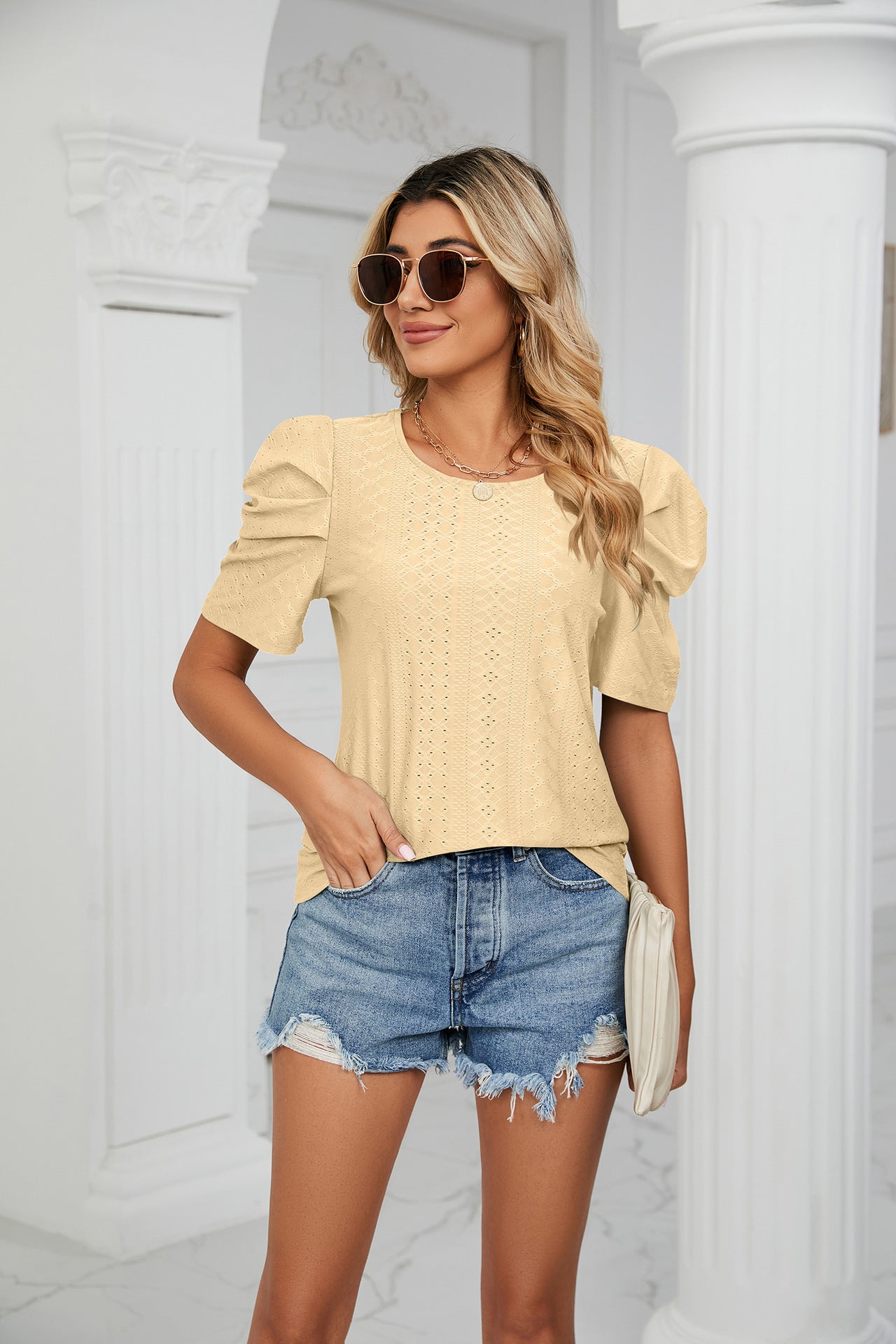 Solid Color round Neck Pleated Oversleeves Loose Fitting T shirt Top Ladies