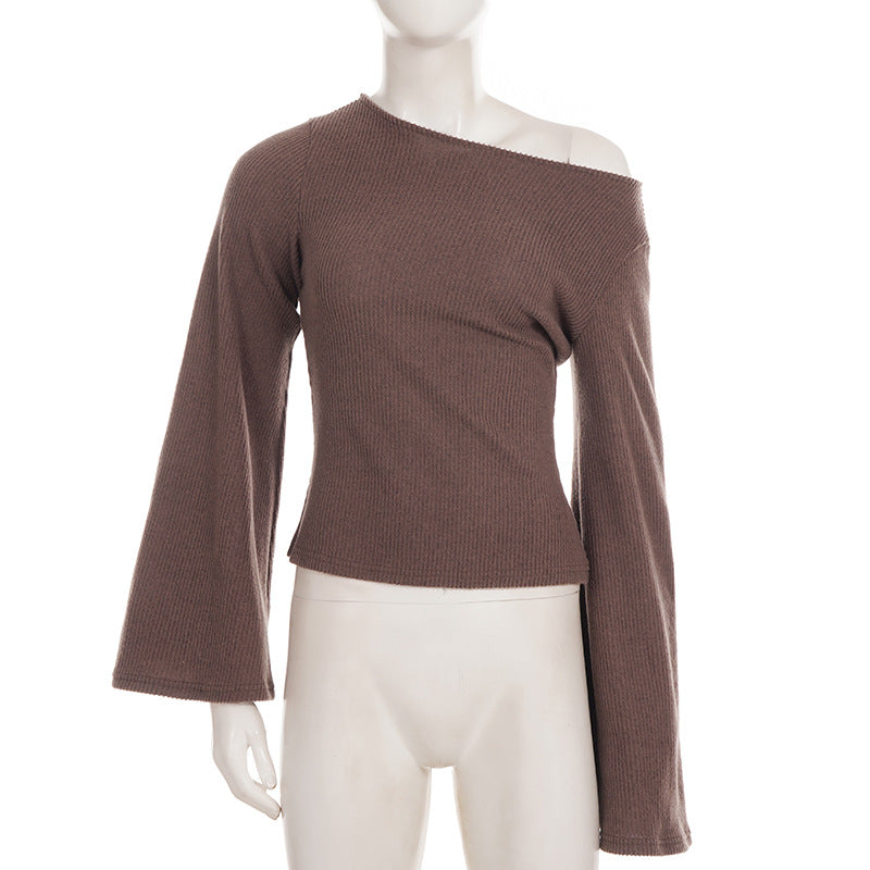 Basic round Neck Large Bell Sleeve Knitted Women Slim Fit Slimming Long Sleeves Sweater