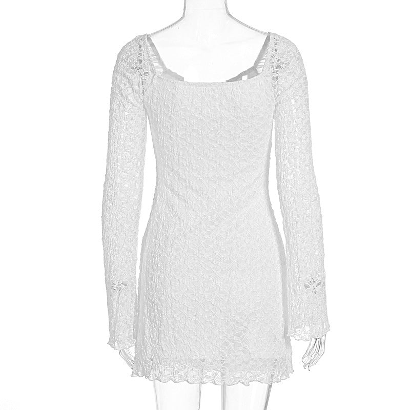 Women Clothing Autumn Winter Women Dress Sexy Square-Neck Lace Long Sleeve Slim Fit Sheath Dress Women