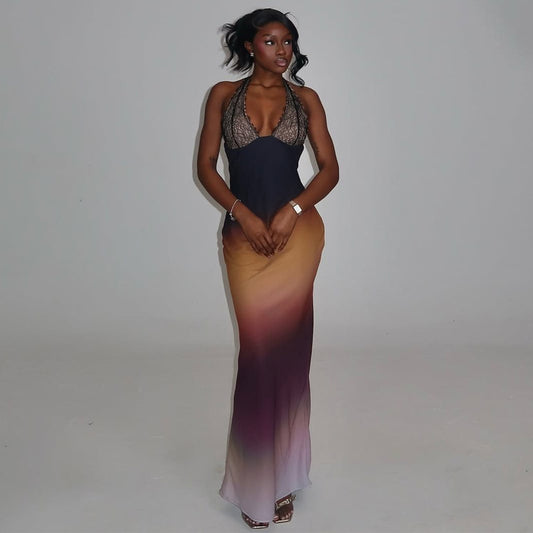 Women Clothing Sexy Halter Backless Casual Dress Lace Stitching with Color Changing Dress Women