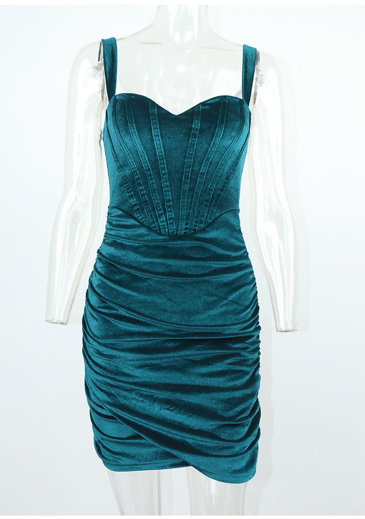 Pleuche Spaghetti Strap Dress Women Imitation Boning Corset Design Pleated Nipped Waist Hip Women