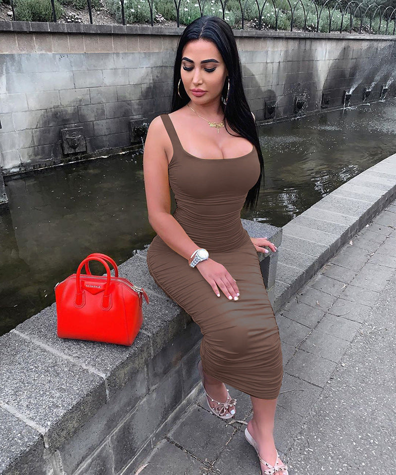 Summer Sexy Women Wear Solid Color Tight Backless Sleeveless Pleated Dress